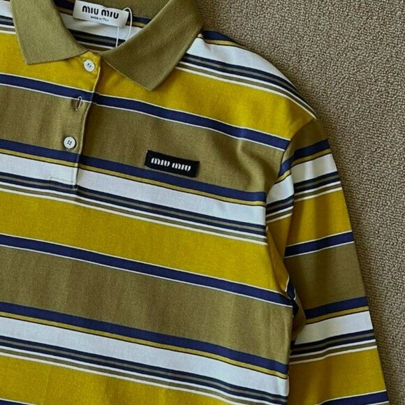 Brand New Miu Miu Women's Yellow And White Striped Lapel Long Sleeve T-shirt - Picture 2 of 5